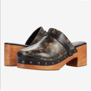 Free People Black Floral Leather Clogs